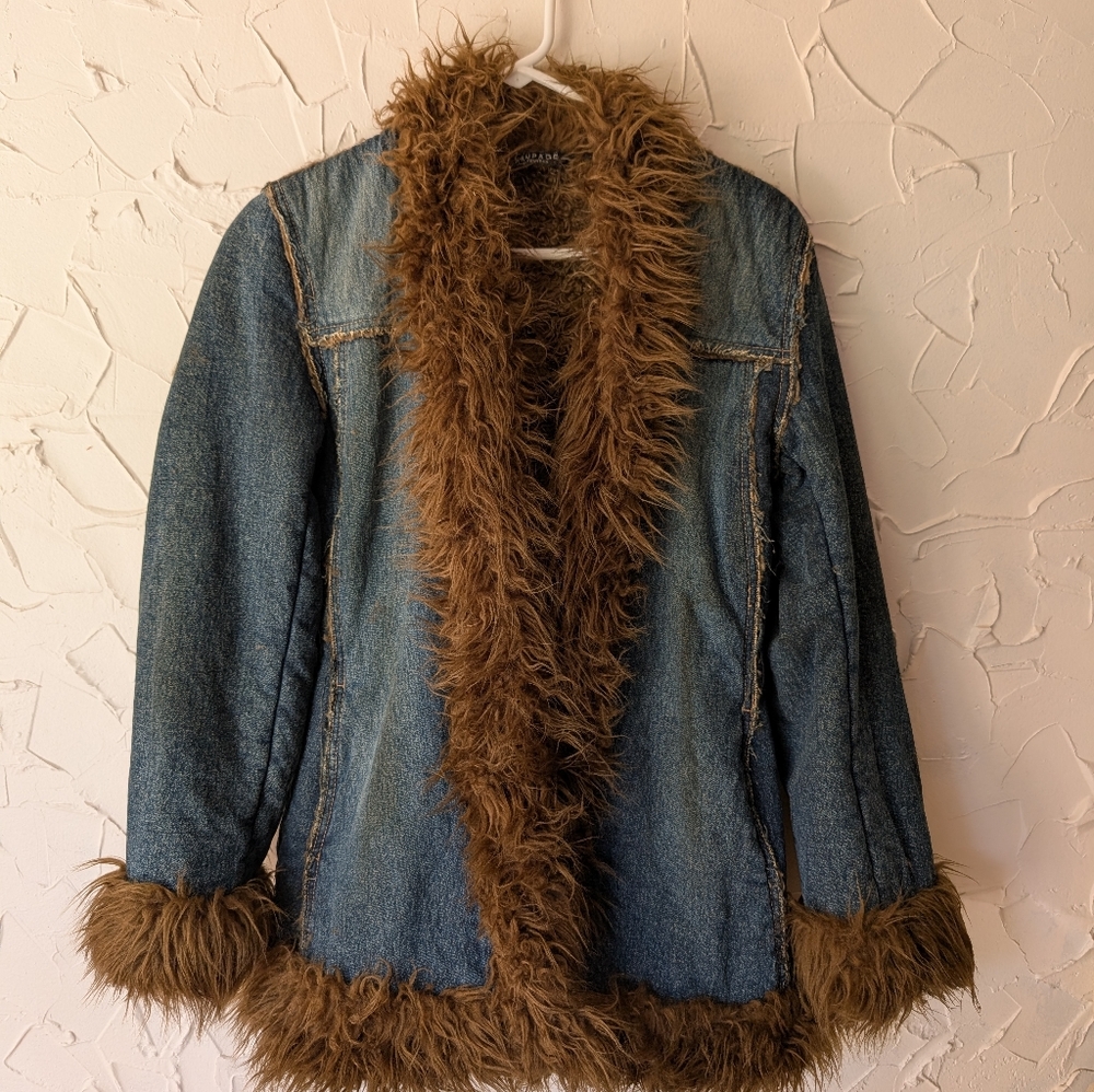 Denim Faux Fur Trim Jacket Penny Lane Style Size Medium